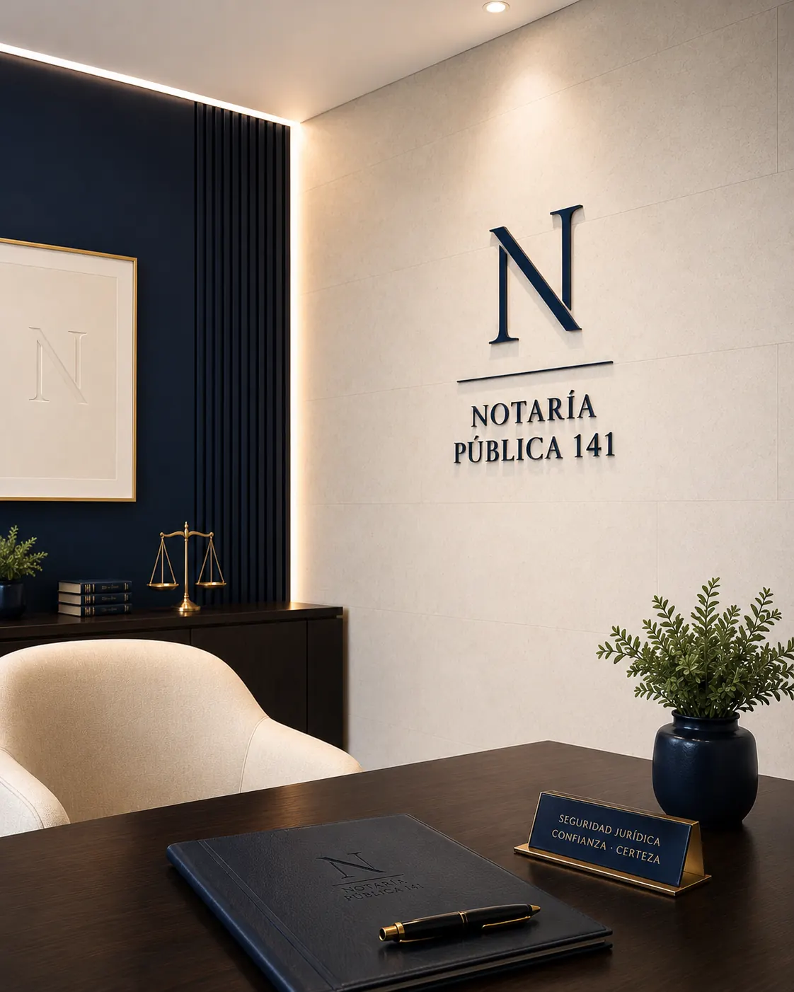 Despacho de Notaría Pública 141: escritorio con libro notarial, balanza de la justicia y logotipo en muro