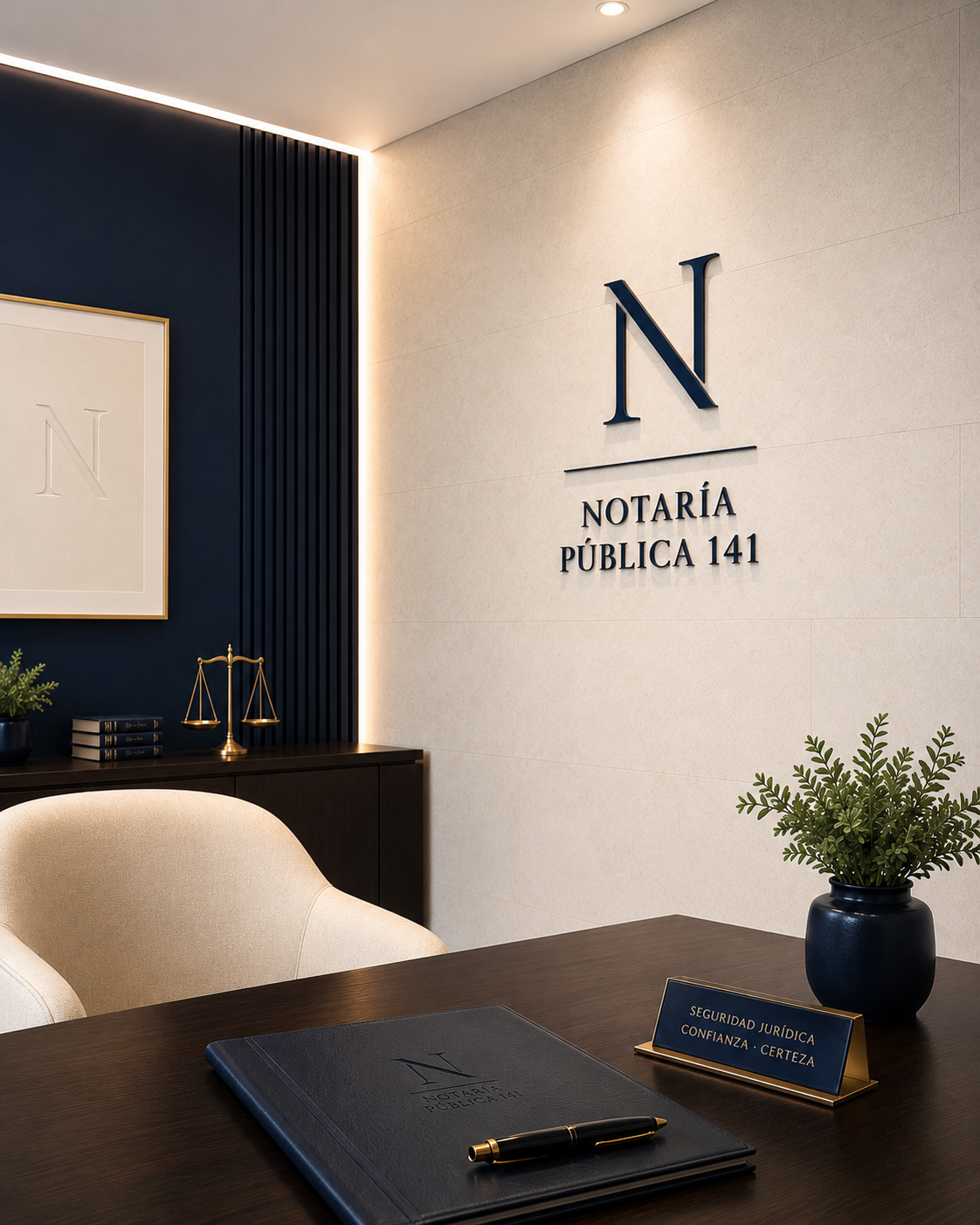 Despacho de Notaría Pública 141: escritorio con libro notarial, balanza de la justicia y logotipo en muro
