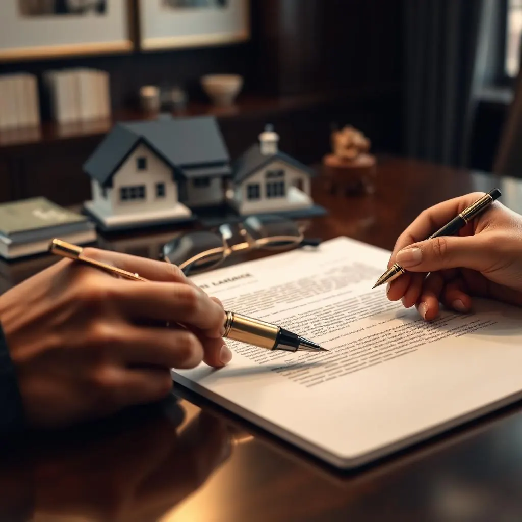 Documento de crédito hipotecario con pluma y modelo de casa