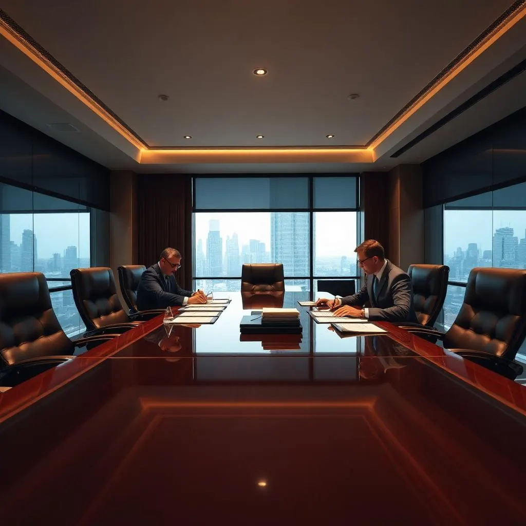 Sala de juntas corporativa con documentos de constitución de sociedad